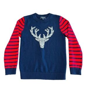 Lands’ End Deer Sweater Size Medium (10-12) Navy Blue/Red